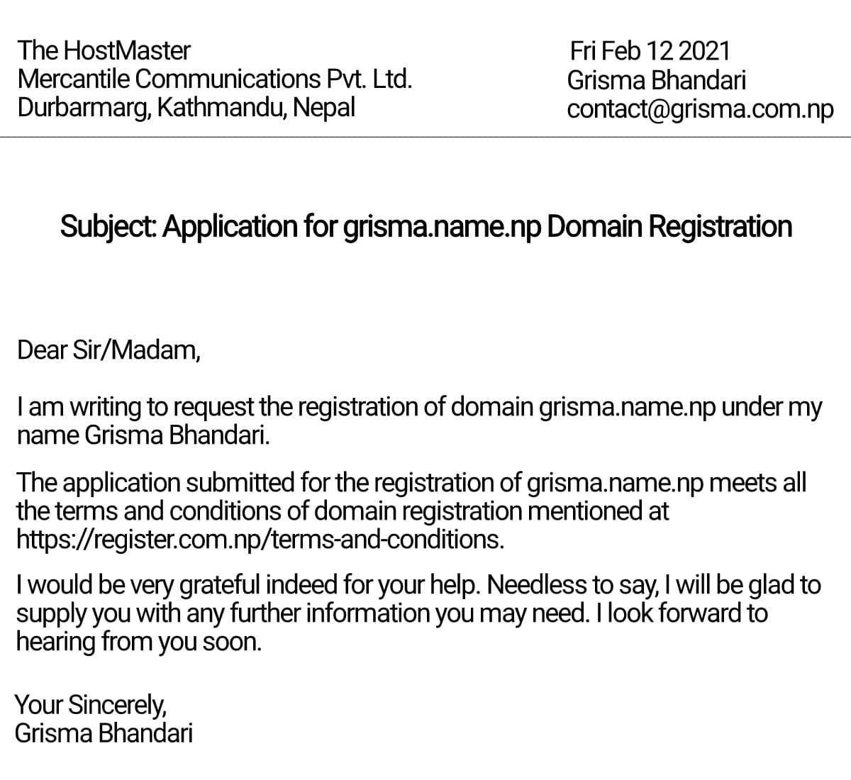 Cover Letter For Registration Of .Com.np Domain