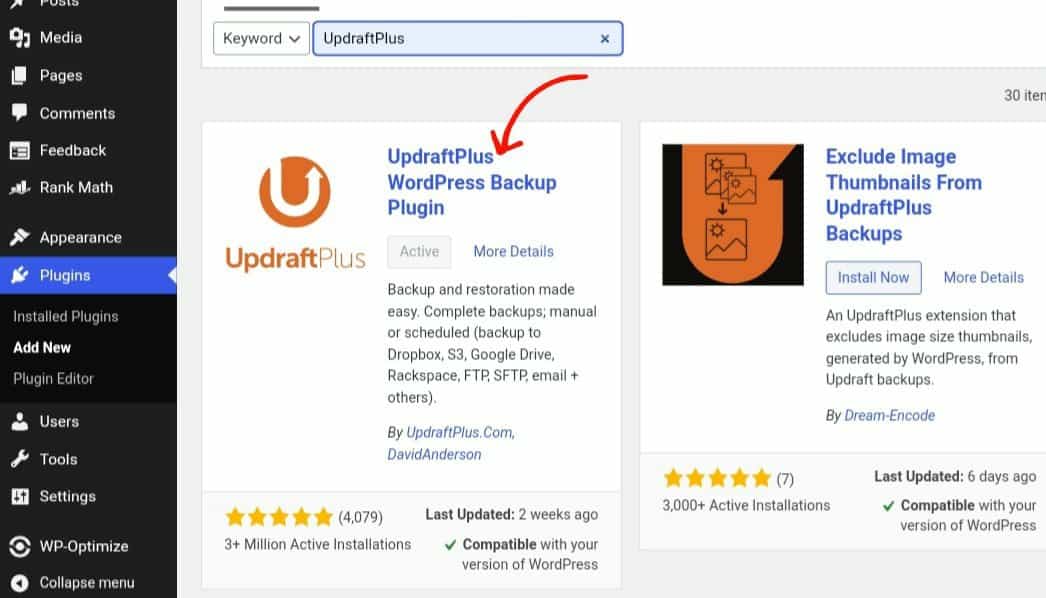 Installing Updraftplus Plugin