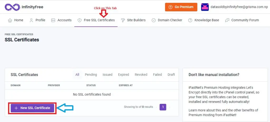 Infinityfree Dashboard - Issue Free Ssl Certificate Tab