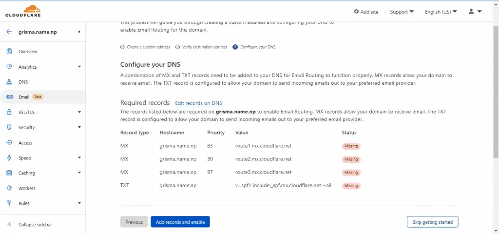 How To Create Custom Email Address For Free With Your Own Domain Using Cloudflare And Yahoo Mail (2022) 4 Cloudflare Email Routing Configuration Page To Create Custom Email Address For Free