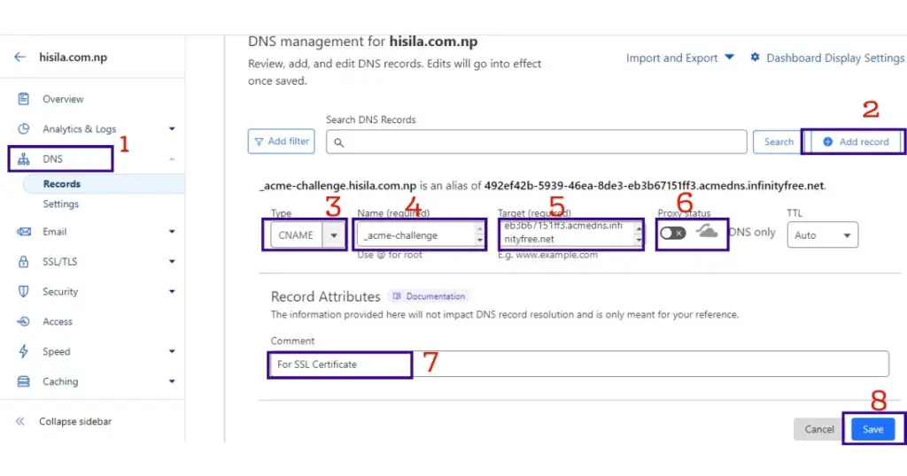 Adding Dns Record For Issuance Of Free Ssl Certificate From Infinityfree